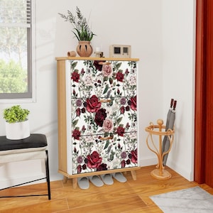 Vintage Rose Shoe Cabinet for Entryway Storage & Organization, Floral Accent Furniture, Compact Wood Shoe Rack, Rustic Decor for Home