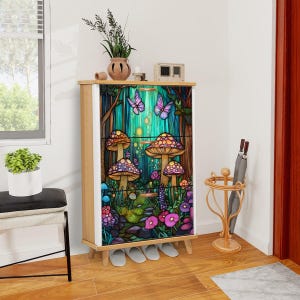 Stained Glass Mushroom Pattern Shoe Cabinet | Unique Storage Solution for Shoes & Home Decor