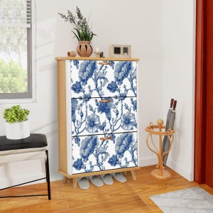 Vintage Blue Floral Shoe Cabinet - Decorative Storage Organizer for Entryway & Bedroom, Retro Style Shoe Rack with Floral Design