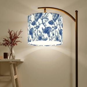 Vintage Blue Floral Arc Floor Lamp - Mid Century Modern Lighting, Elegant Living Room Decor, Unique Statement Piece