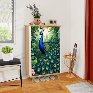 Peacock Shoe Cabinet Vibrant Storage Organizer with Multiple Shelves & Artistic Design for Entryway or Bedroom
