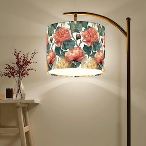 Art Nouveau Arc Floor Lamp with Peonies Design, Elegant Floral Lighting for Living Room & Bedroom Decor