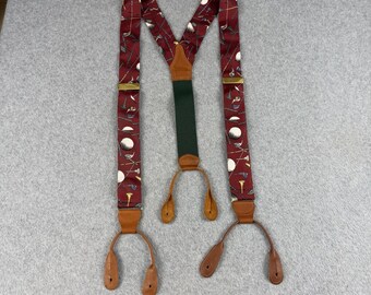 Vintage Polo Ralph Lauren Golf Print Suspenders Braces Silk Leather Button USA