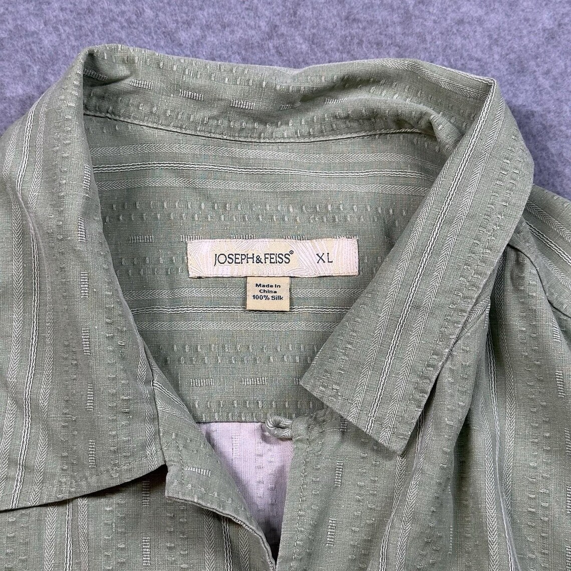 Vintage Joseph Feiss XL 100% Silk Camp Shirt Sage Green Textured Y2K, foto 2 di 5