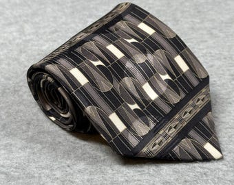 Vintage Courrèges Homme French Designer 100% Silk Geometric Tie Gray & White USA