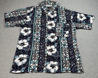 Vintage 90er Jahre M.E. Sport Hawaiian Aloha Camp Shirt Herren M Viskose Blau Floral