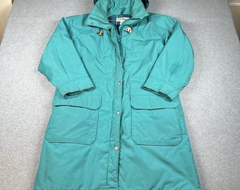 Parka vintage de los 80 de L.L.Bean Freeport Maine color verde azulado con capucha y forro de lana, talla M para mujer. NOTA