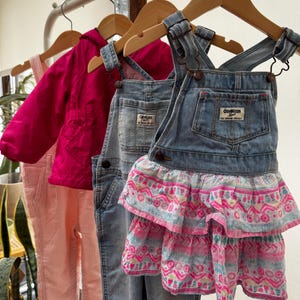 Vintage 90’s Oshkosh B’gosh Vestbak Overall Dress Baby Sz 24M; Light Wash Denim, Floral Lining