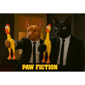 May include: A humorous image featuring a dog and a cat in black suits and ties, holding yellow rubber chickens. The text "PAW FICTION" is displayed in yellow at the bottom of the image. The dog is brown and the cat is black.