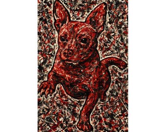May include: Abstract painting of a red dog in mid-leap against a background of black, white, and red brushstrokes. The dog's form is rendered with thick, textured paint, creating a dynamic and energetic feel. The artwork is a vibrant piece.