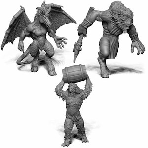May include: Three grayscale fantasy figurines: a horned, winged demon; a humanoid bison with a weapon; and a furry creature holding a barrel. The figures are detailed and appear to be 3D models or miniatures.