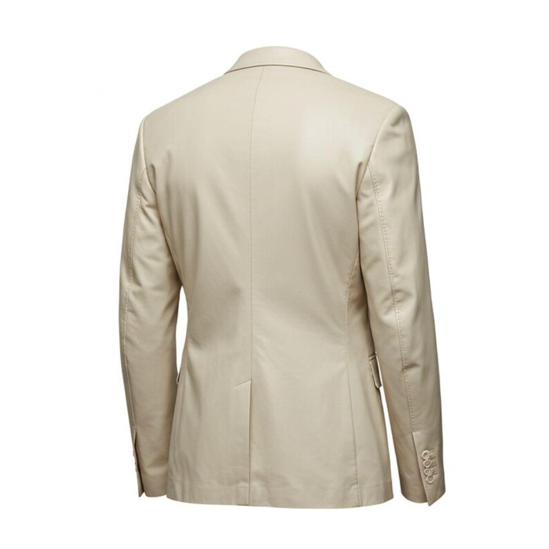 May include: A beige blazer with a classic design. The back view shows a tailored fit with a notched lapel and three buttons on the cuff. The jacket is made of a smooth, solid-colored fabric.