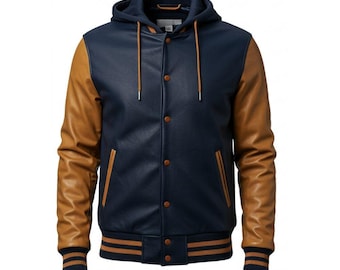 Chaqueta universitaria de cuero con capucha para hombre / Chaqueta bomber azul marino y marrón claro / Chaqueta de béisbol con capucha de piel de oveja