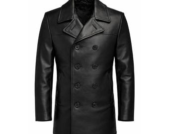 Handmade Sheepskin Leather Peacoat: Double Breasted Men's Jacket