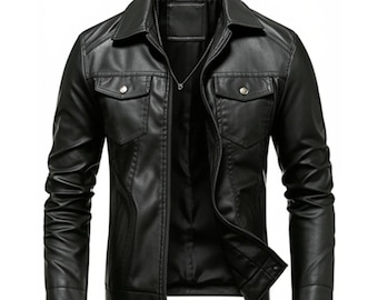 Chaqueta de piel de oveja negra estilo camionero para hombre: estilo motero