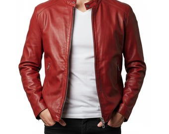 Herren Red Leather Cafe Racer Jacke: Handgemachter Schaffell Bikermantel
