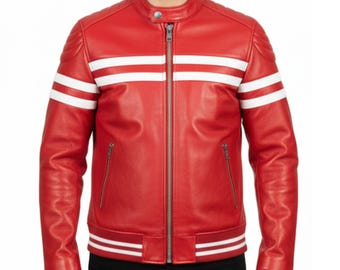 Handgefertigte rote Schaffell-Leder-Bikerjacke: Slim Fit Moto-Mantel