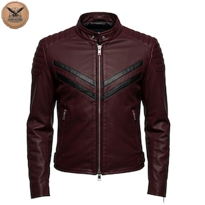 Blouson en cuir de mouton bordeaux pour hommes - Manteau de motard à rayures noires - Vêtements d'extérieur en cuir véritable souple faits main - Coupe personnalisée