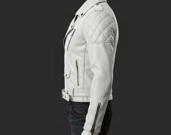 White Sheepskin Leather Biker Jacket: Asymmetrical Zip, Racing