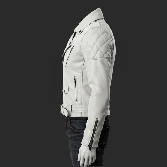 White Sheepskin Leather Biker Jacket: Asymmetrical Zip, Racing