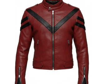 Chaqueta de cuero roja retro estilo motociclista para hombre con rayas negras
