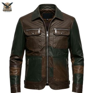 May include: Brown and green leather jacket with a collared neckline, zipper closure, and multiple pockets. The jacket features a patchwork design with varying shades of brown and green. The Hawkbound logo is visible in the upper left corner.