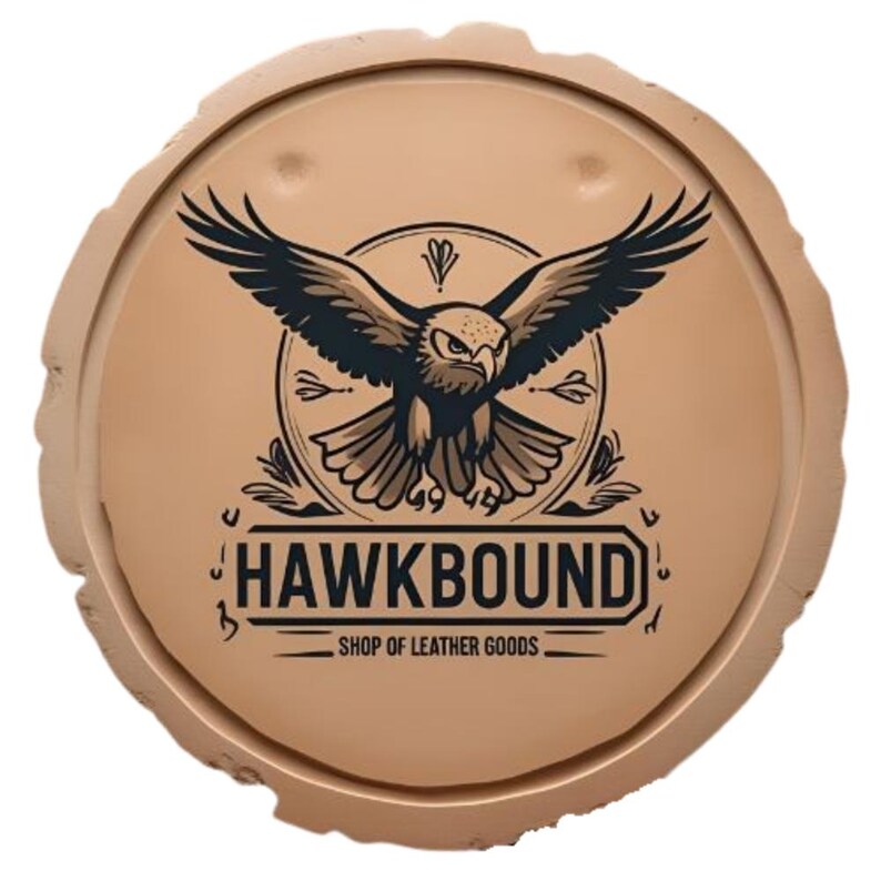 May include: A round, light brown leather product with a detailed illustration of a hawk with outstretched wings. The text "HAWKBOUND SHOP OF LEATHER GOODS" is displayed below the hawk illustration.