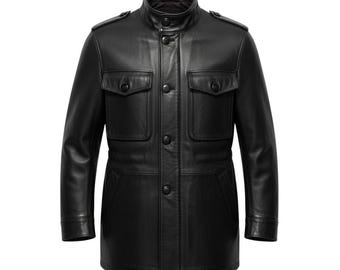 Chaqueta de campo de cuero negro Stealth / Abrigo utilitario de piel de vaca con cuello alto