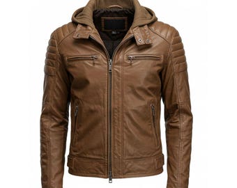 Distressed Brown Sheepskin Leather Biker Jacket with Detachable Hood