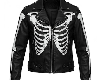 Skeleton Print Leather Biker Jacket: Hand-Painted Goth Punk Style