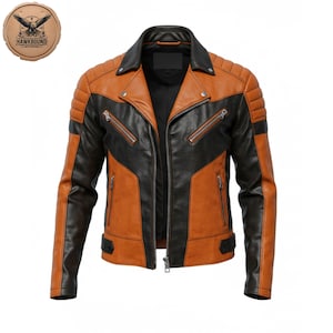 Men&#39;s Orange & Black Genuine Leather Biker Jacket – Front Zip, Quilted Shoulders, Stylish Moto Design – Handmade