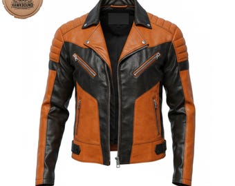 Handmade Orange & Black Leather Biker Jacket: Quilted Moto Design