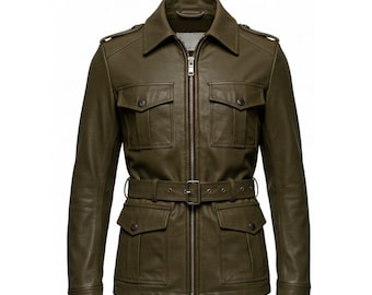 Chaqueta de cuero verde oliva para hombre: estilo safari militar, hecha a mano