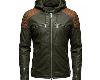 Chaqueta biker de cuero bicolor verde y marrón con capucha extraíble