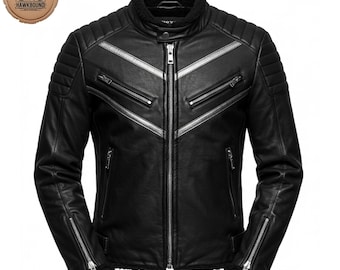 Handmade Black Sheepskin Leather Moto Jacket: Silver Stripe Biker Coat