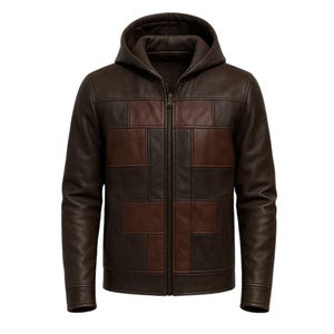 Puede incluir: Chaqueta de cuero marrón con capucha y cremallera. La chaqueta presenta un diseño de patchwork en tonos marrones, una opción de abrigo elegante.