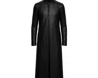 Herren Schwarz Leder Langer Trenchcoat | Der Matrix-inspirierte Duster von Neo Style