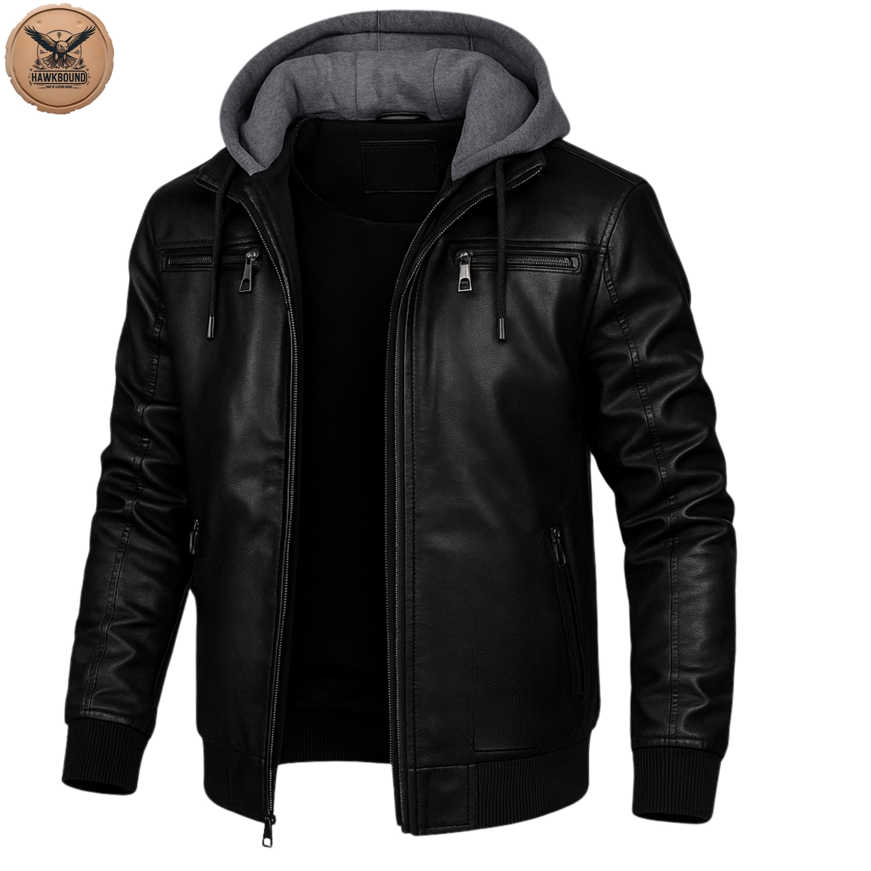 取り外し可能なフード付きメンズレザーボンバージャケット - 冬