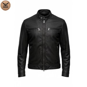 Men&#39;s Black Sheepskin Leather Jacket | Classic Stand Collar | Handmade Soft Moto Style | Zippered Pockets | Custom Fi