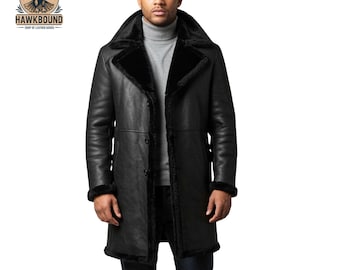 Gabardina de piel de oveja negra auténtica para hombre: Chaqueta de invierno con forro de borreguillo sintético