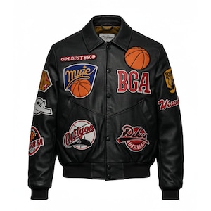 Vintage Style Black Leather Basketball Bomber Jacket with Custom Patches | Men&#39;s Sheepskin Letterman Varsity Coat | Sports Fan Gift
