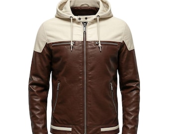Burgunder- und Cremelederjacke für Herren mit abnehmbarer Kapuze - lässiger Biker-Stil mit Reißverschluss