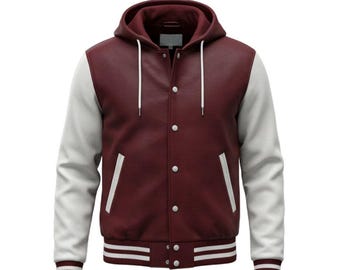 Zweifarbige Varsity Leder Bomberjacke für Herren mit abnehmbarer Kapuze | Burgund & Weiß