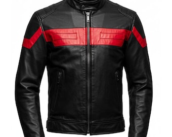 Red & Black Sheepskin Leather Motorcycle Jacket: Slim Fit Cafe Racer