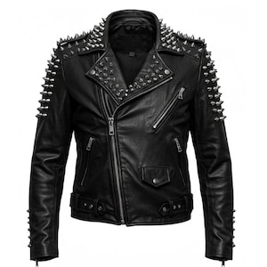 Men&#39;s Black Studded Leather Biker Jacket - Genuine Leather Jacket Punk Motorcycle Jacket with Spikes - Customizeable Studds Pattern