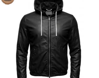 May include: Black leather hooded jacket with a full-length zipper and white drawstrings. The jacket has a ribbed hem and cuffs. The Hawkbound logo is visible in the upper left corner. This jacket is a stylish outerwear option.