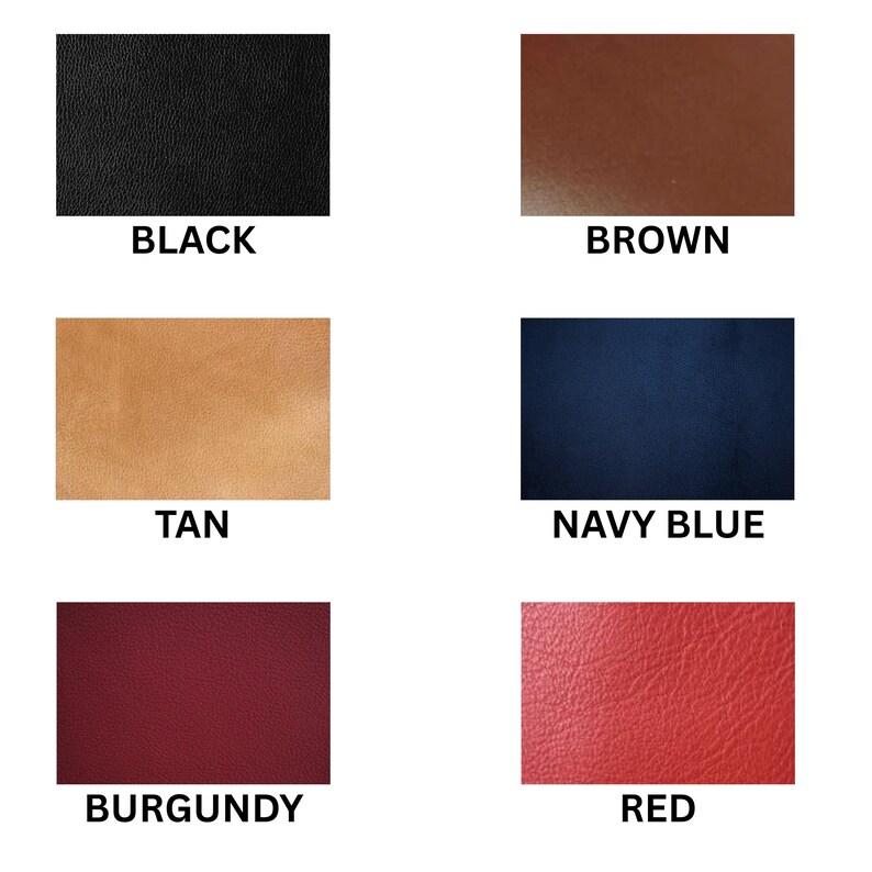 May include: A collection of six color swatches: black, brown, tan, navy blue, burgundy, and red. Each swatch has the color name printed in a bold, sans-serif font below it.