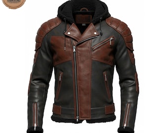 Chaqueta de cuero genuino - Elegante chaqueta de motociclista con capucha marrón y negra y sherpa - Ropa de abrigo artesanal para hombre