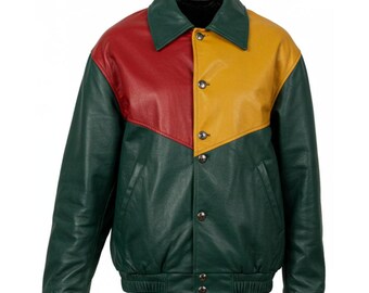 Handmade Patchwork Leather Bomber Jacket: Vintage Style Retro