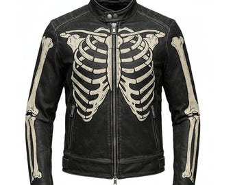 Chaqueta de motociclista de piel de esqueleto: auténtica piel de oveja, estilo gótico punk